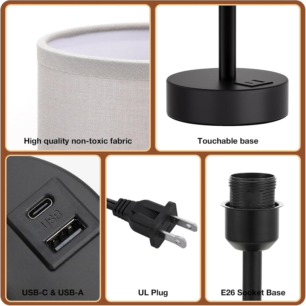 Dicoool Bedside Table Lamp for Bedroom - 3-Way Dimmable Touch Lamp, USB A+C