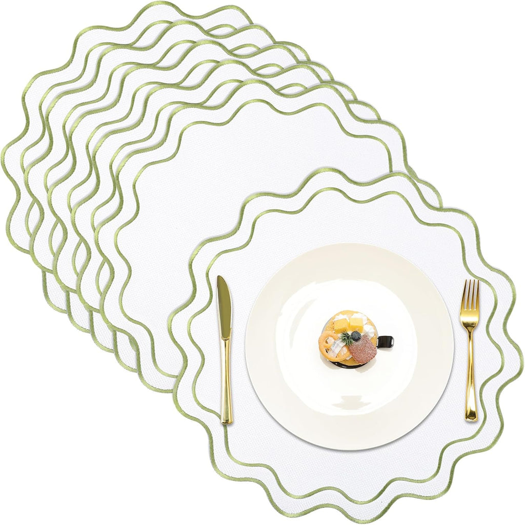 Set of 6 Round Cotton Linen Placemats, Linen with White, 15 Inch