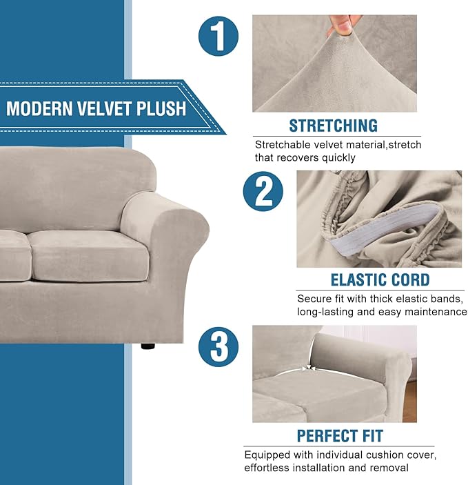 H.VERSAILTEX Real Velvet Plush 3 Piece Stretch Sofa Covers Couch Covers - Image 3