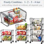 PUSDON 4-Tier Spacious Stackable Wire Storage Baskets with Wheels, Metal Rolling Utility Cart, Produce Basket for Pantry, Bathroom Organizer Shelf, Matte Black
