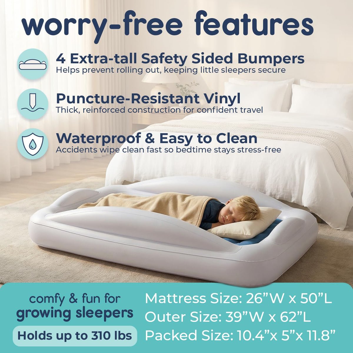 Hiccapop Inflatable Toddler Bed with Safety Bumpers, Kids Travel Bed, Blue