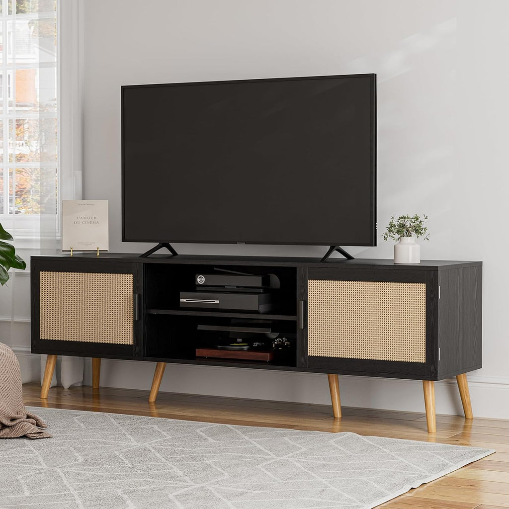 ZttRiee TV Stand with Rattan Doors for TVs up to 65", Mid-Century, Black