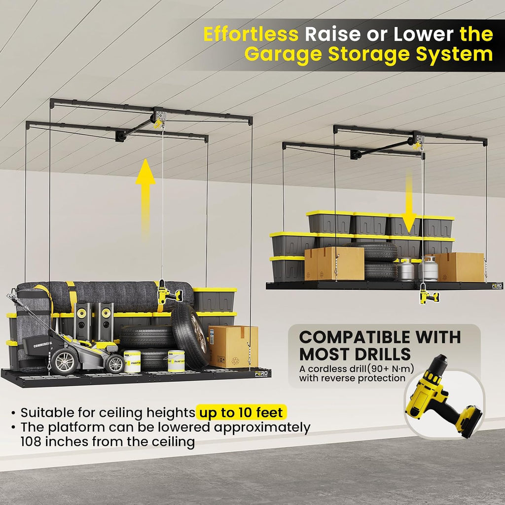 FERO Overhead Garage Storage Rack 4x8, 500 lb Heavy-Duty Capacity