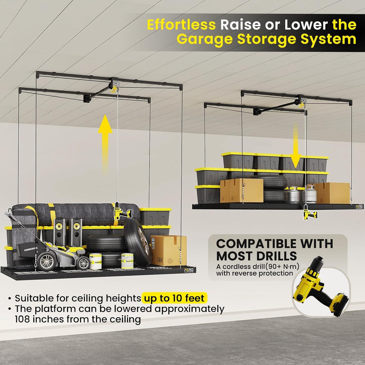 FERO Overhead Garage Storage Rack 4x8, 500 lb Heavy-Duty Capacity