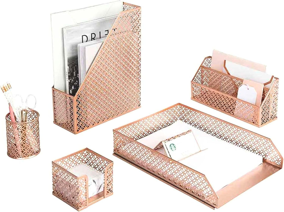 BLU MONACO | Rose Gold Desk Organizer Set | 6 Piece Metal Office Desk Organizer with Mail Sorter, Pen Cup, Sticky Note Holder, Magazine File, Card Holder, Paper Tray | Desk Organizers and Accessories