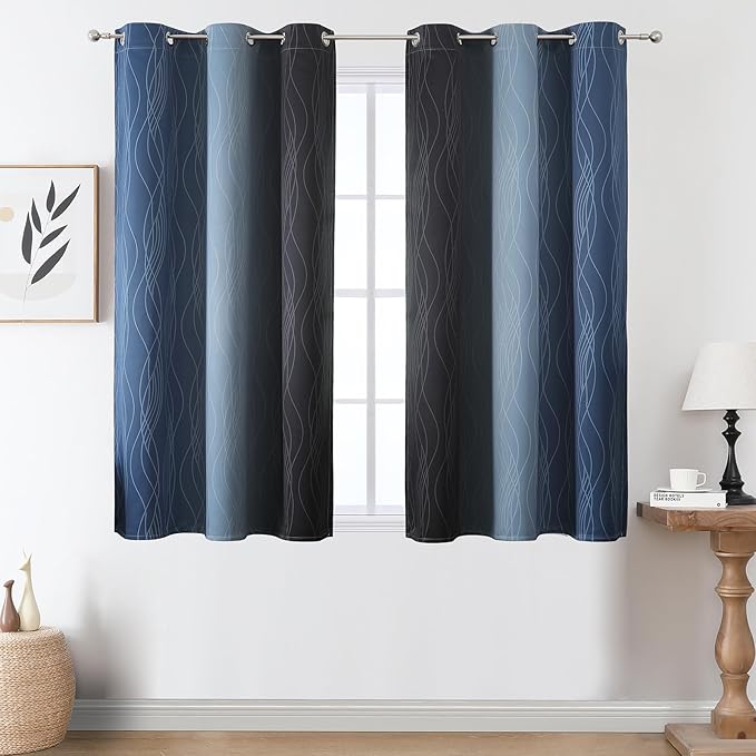 Estelar Textiler Black and Navy Blue Ombre Blackout Curtains 45 Inches Long - Image 2