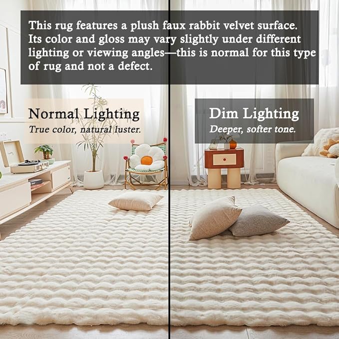 Creamy White Rabbit Plush Rug 8'x10', Fluffy Faux Fur Shaggy Area Rug - Image 3