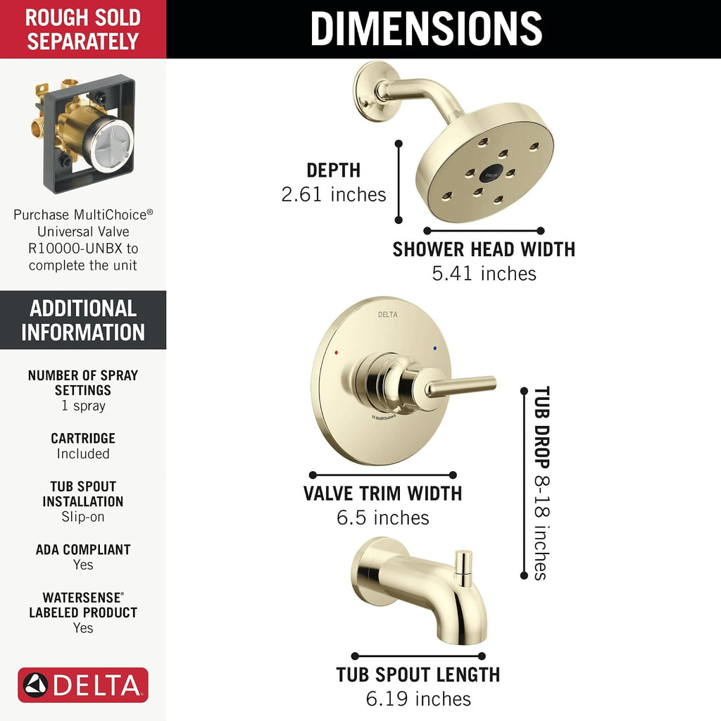 Delta Trinsic 14 Series Single-Function H2Okinetic Bathtub and Shower Faucet Set, Polished Nickel Shower Head and Handle Valve Trim Kit, Polished Nickel T14459-PN (Valve Not Included)