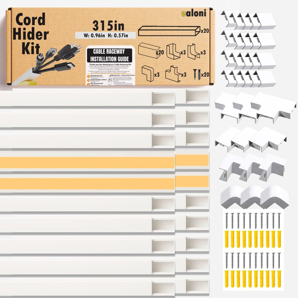 Cable Management Raceway Kit – 20 Pack 15.7” PVC Wire Hider with Connectors, T & L Corners, Inside & Outside Corners, Screws – Paintable Wall Cord Cover for TV, Home & Office