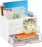 Marbrasse Desk Organizer with 3 Drawer, Multi-Functional Pencil Pen Holder for Desk, Desk Organizers and Accessories with 4 Compartments, Desktop Organizer Storage for Office Home Art Supplies (Pink)