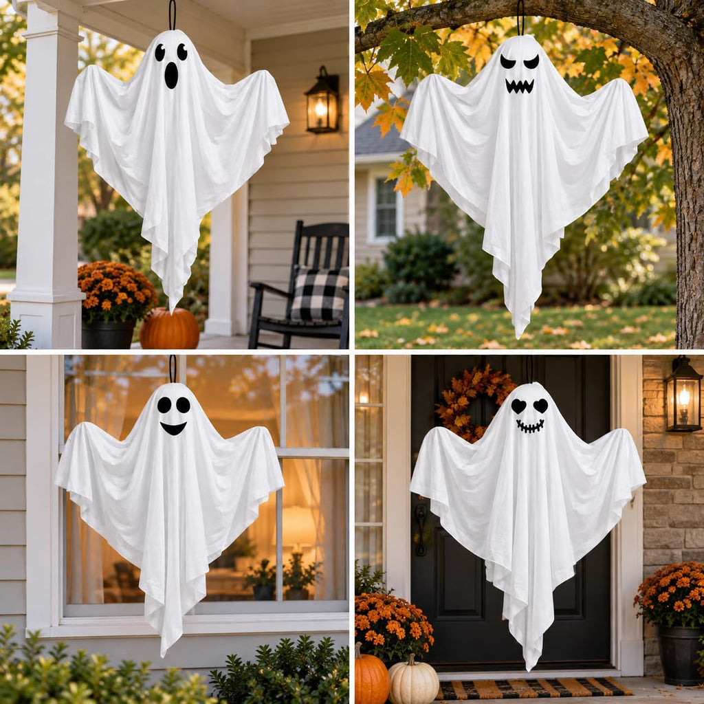 Kiddokids 4 Pack Halloween Hanging Ghost Decorations, 27.5'' Poseable White Ghosts with Bendable Arms for Front Porch, Yard Tree, Indoor Party and Haunted House Decor, Outdoor Entry Door Doorframe
