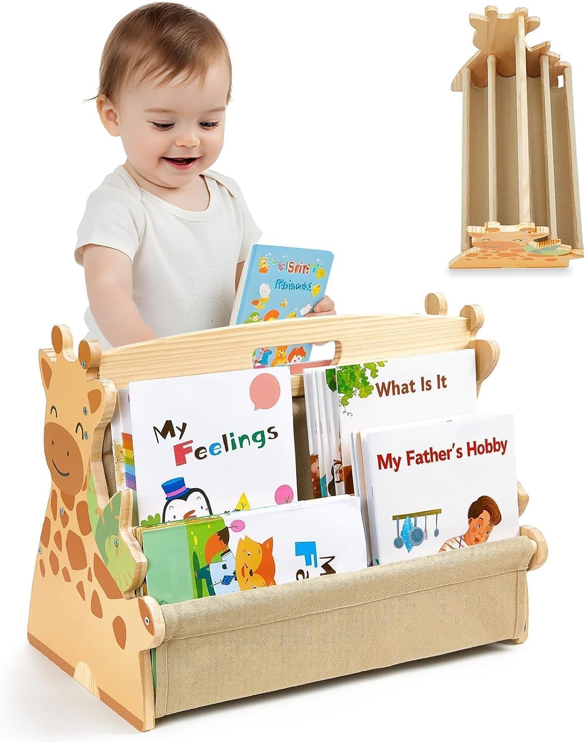 Toddler Bookshelf Double-Sided with 4 Tier Deep Sleeves Kids Wooden Montessori Book Rack for Baby Nursery Room, Playroom, Classroom or Bedroom Bookcase Storage Organizer, Light Wood Giraffe