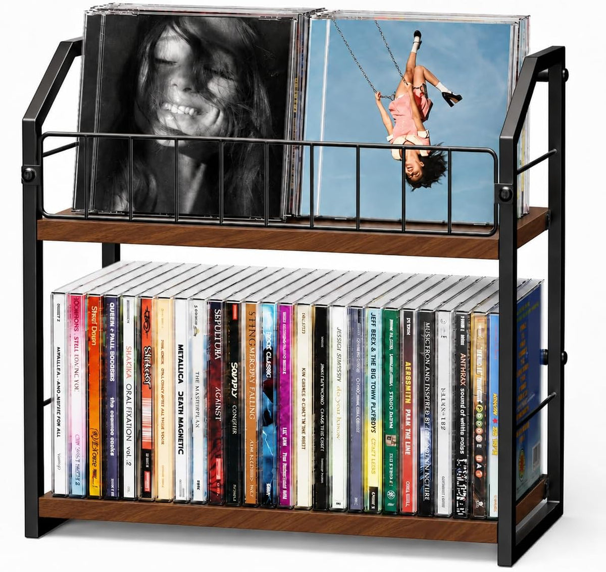 CD Storage Rack, 2 Tier CD holder with Display Shelf, Holds 60 Cases-Walnut