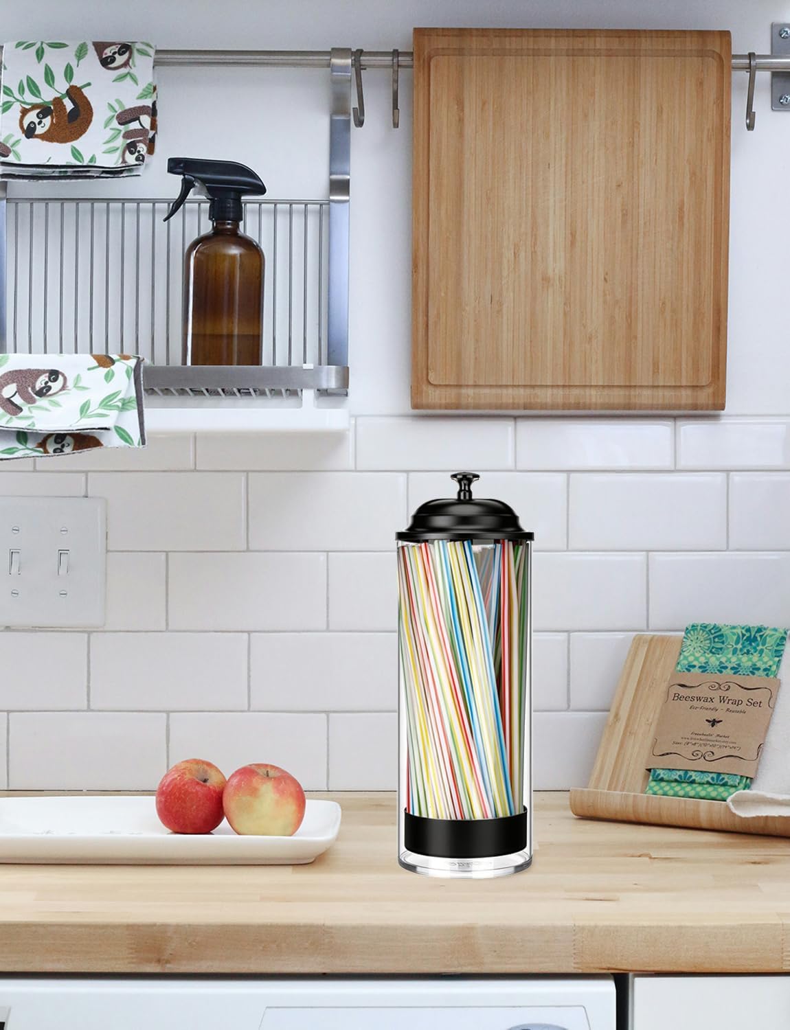 Glass Straw Holder Dispenser w/Lid, Clear Container for Counter