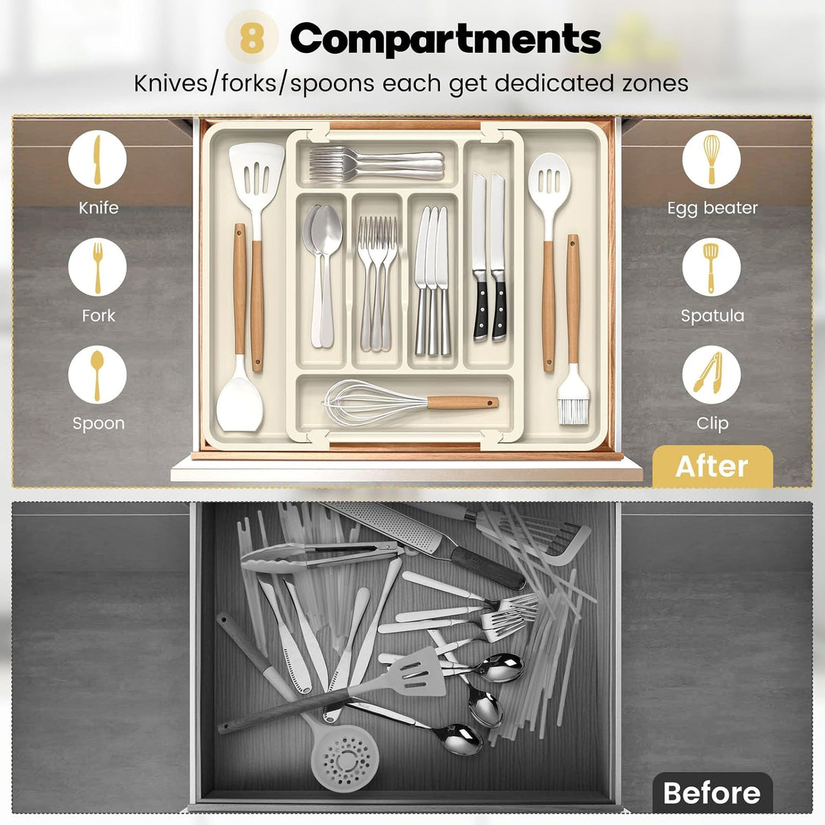 Caperci Large Silverware Organizer Tray for Kitchen Drawer Utensils Thicker