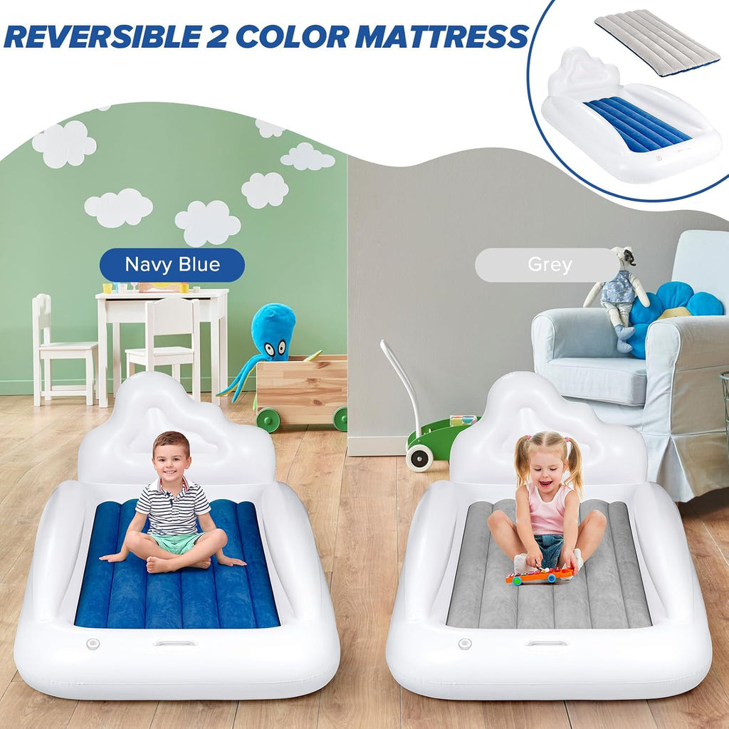 USHMA Inflatable Toddler Travel Bed, Reversible 2 Color Kids Air Mattress | Kids Blow up Mattress with Sides | Portable Toddler Bed for Travel, Sleepovers - Navy Blue & Grey