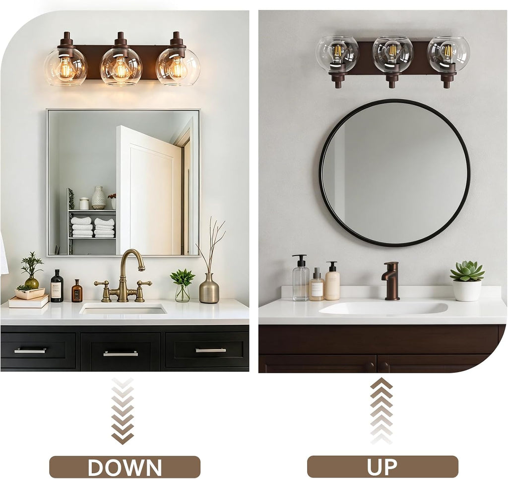 IZORRO Bathroom Light Fixtures, 3-Light Oil Rubbed Bronze Vanity Light, Modern Wall Sconces with Globe Clear Glass Shade, Vanity Lighting Fixtures Over Mirror,E26 Bulb Socket
