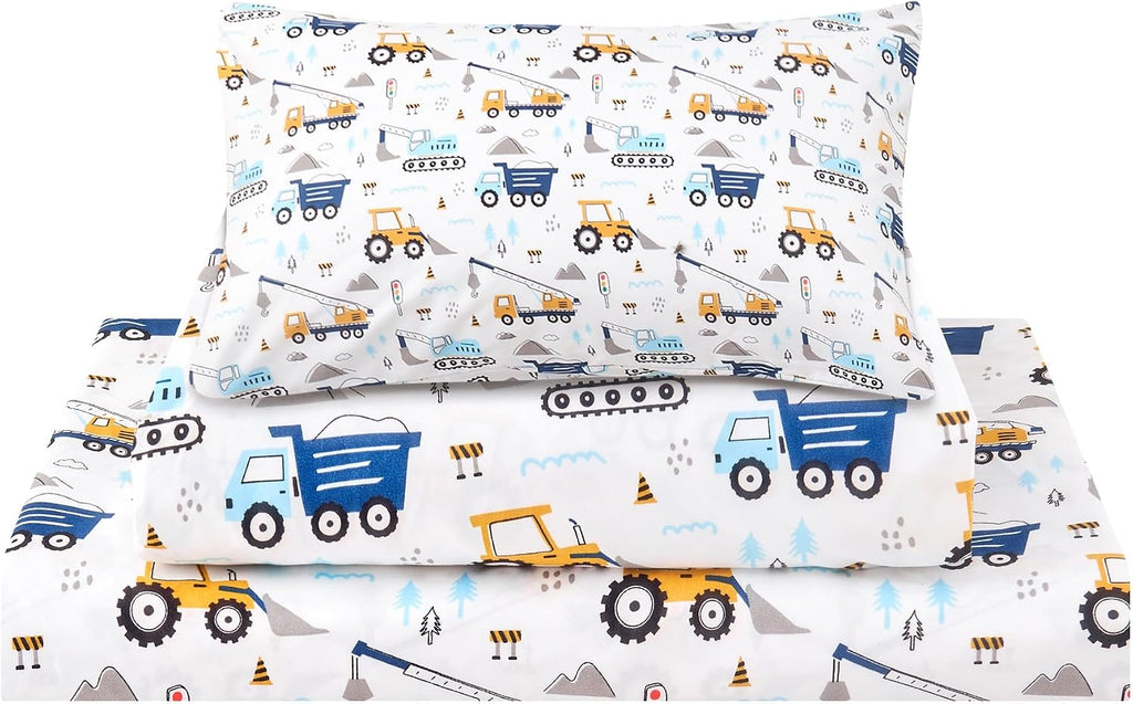 lasoftan Kids Sheet Set Twin Size 3 Pcs, Boys Sheet Set with Blue Excavator Car Pattern，Kids Boys Twin Fitted Sheet，Breathable & Silky Soft Microfiber Fitted Sheet