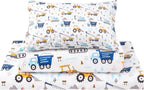 lasoftan Kids Sheet Set Twin Size 3 Pcs, Boys Sheet Set with Blue Excavator Car Pattern，Kids Boys Twin Fitted Sheet，Breathable & Silky Soft Microfiber Fitted Sheet