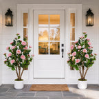 2 Pack Artificial Camellia Tree with White Pot, 38" Faux Potted Plants for Indoor Outdoor Decor, Tall Silk Greenery Plant for Home Offce Living Room Balcony, Pink