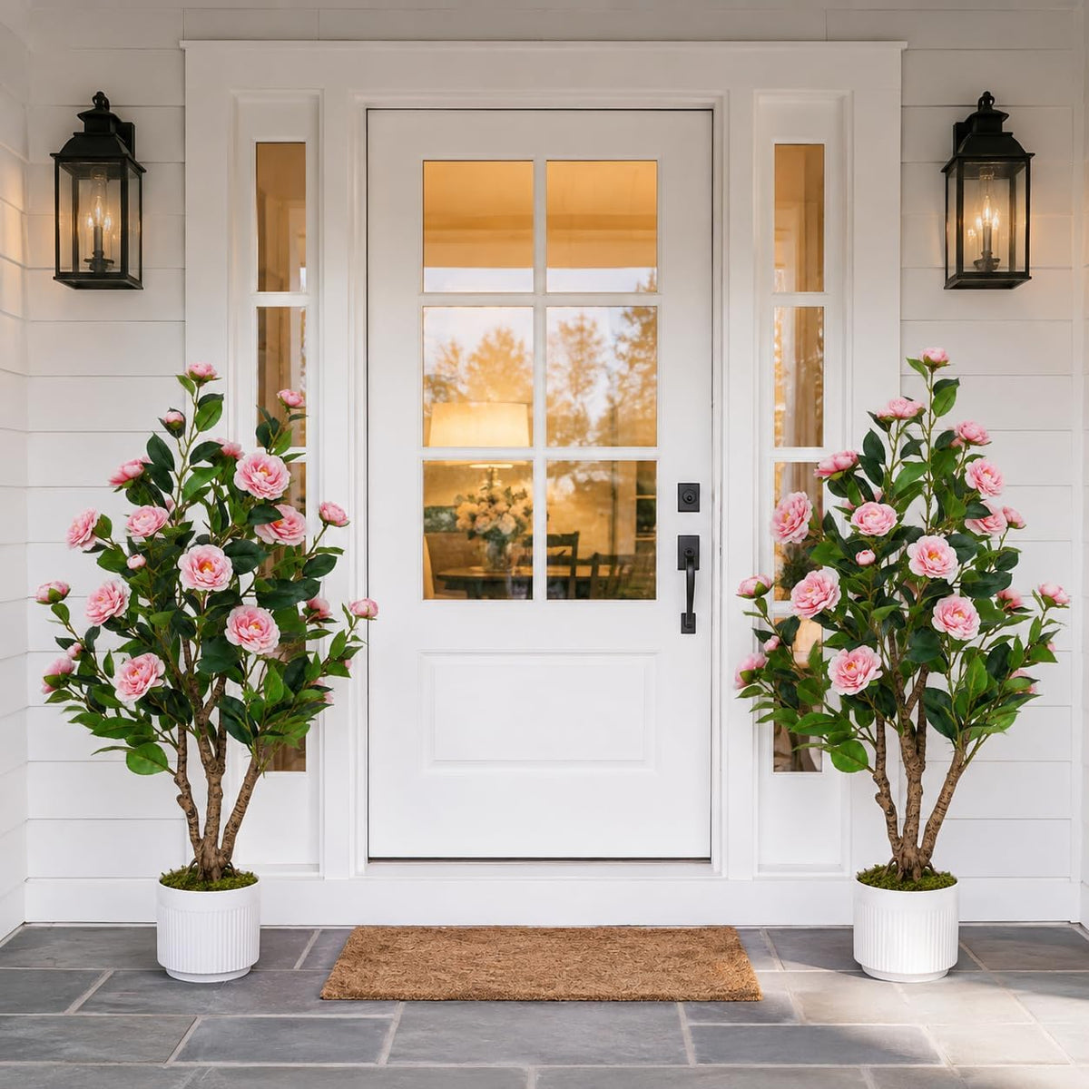2 Pack Artificial Camellia Tree with White Pot, 38" Faux Potted Plants for Indoor Outdoor Decor, Tall Silk Greenery Plant for Home Offce Living Room Balcony, Pink