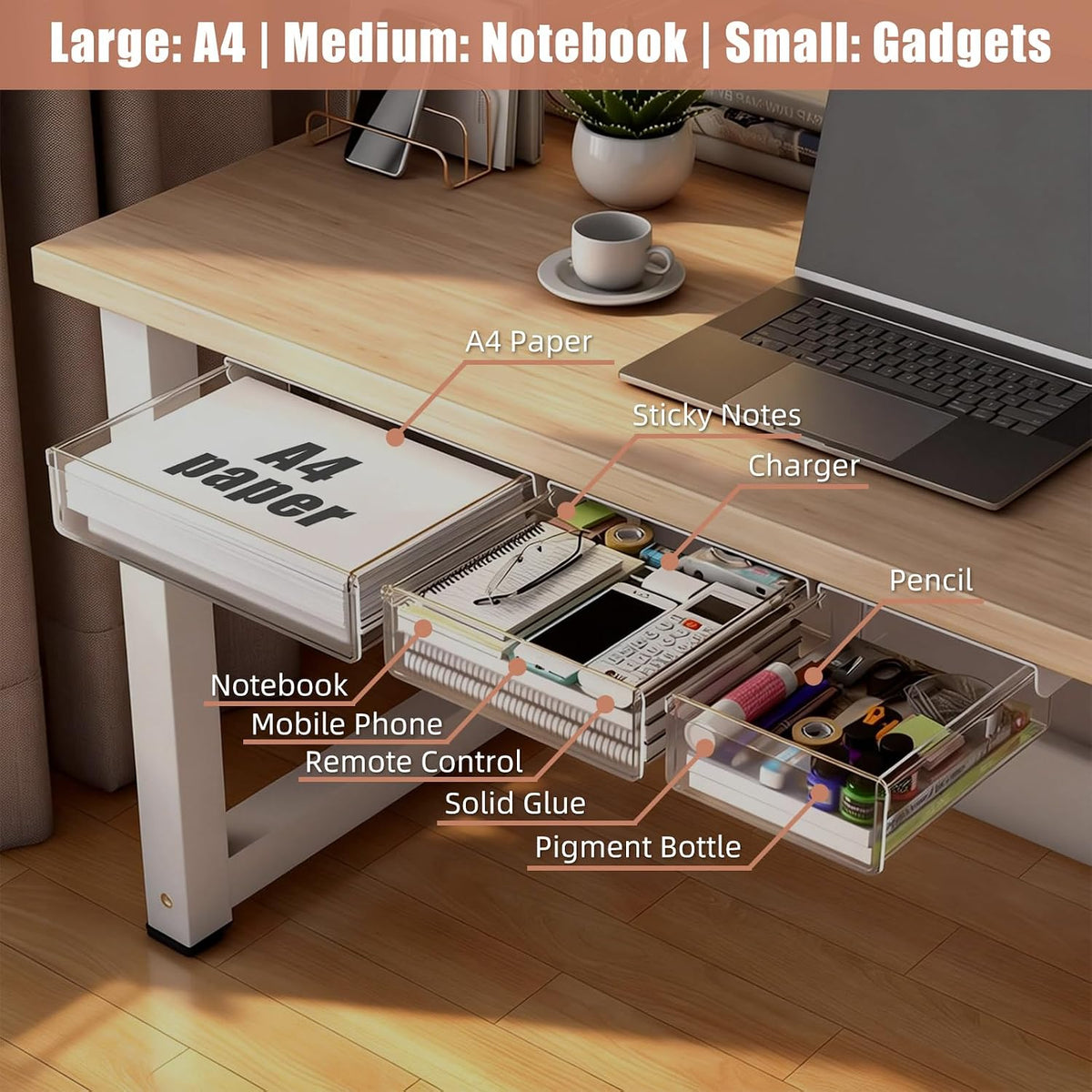 3 Pack Under Desk Drawer Slide Out Storage Organizer, Clear White 3 Sizes (S/M/L), Dual-Mount Hidden Table Tray for Tablets, Planners & Office Supplies