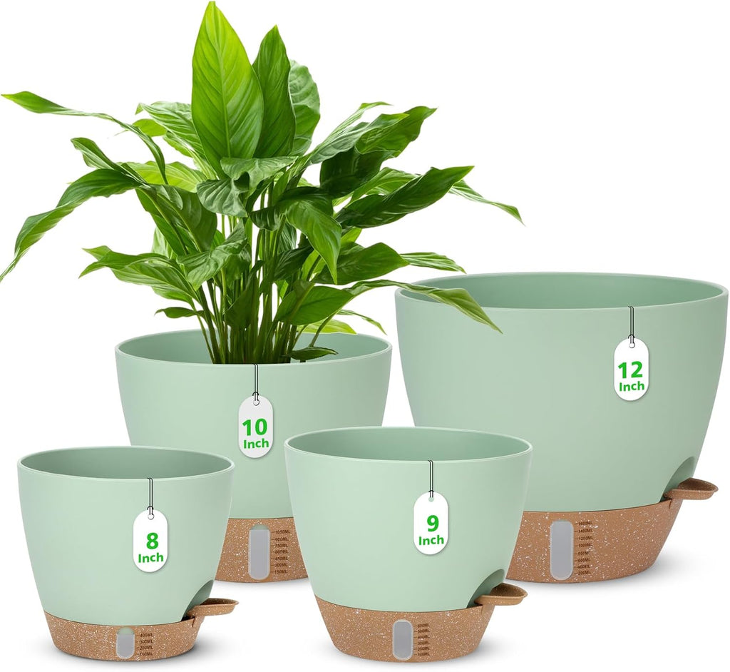 Self Watering Planter for Indoor Plants, 12" 10" 9" 8" Plastic Large Flower Pot Set with Water Level Indicator Deep Reservoir Saucer, Big House Bottom Watering Plant Pots with Drainage Hole - Green