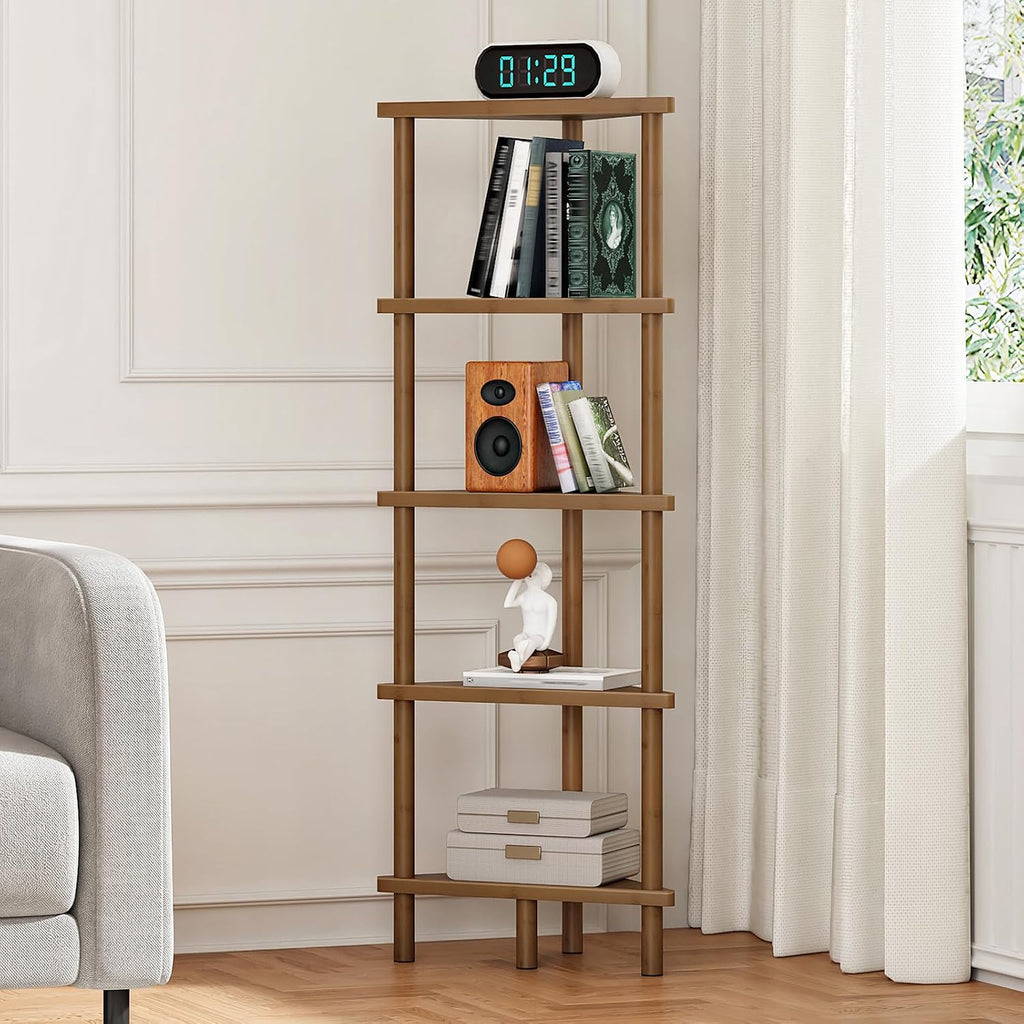 HOOBRO Corner Shelf Stand, 5-Tier Bamboo Corner Bookshelf, Plant Display Shelf, Corner Bookcase, Multipurpose Shelving Unit for Small Space, Living Room, Easy Assembly, Mocha MA20CJ01