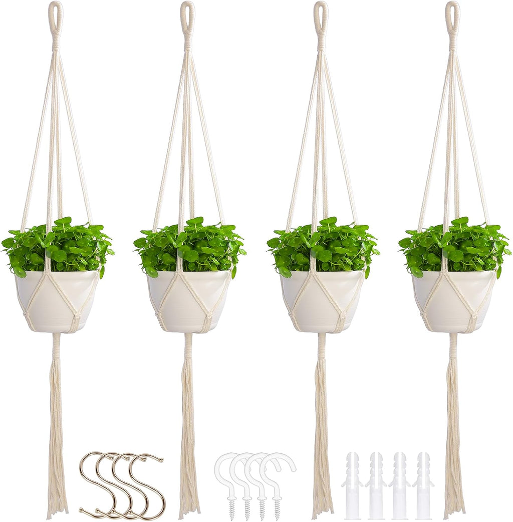 4 Pack Macrame Plant Hangers Indoor Set Large Crochet Hanging Holder, White