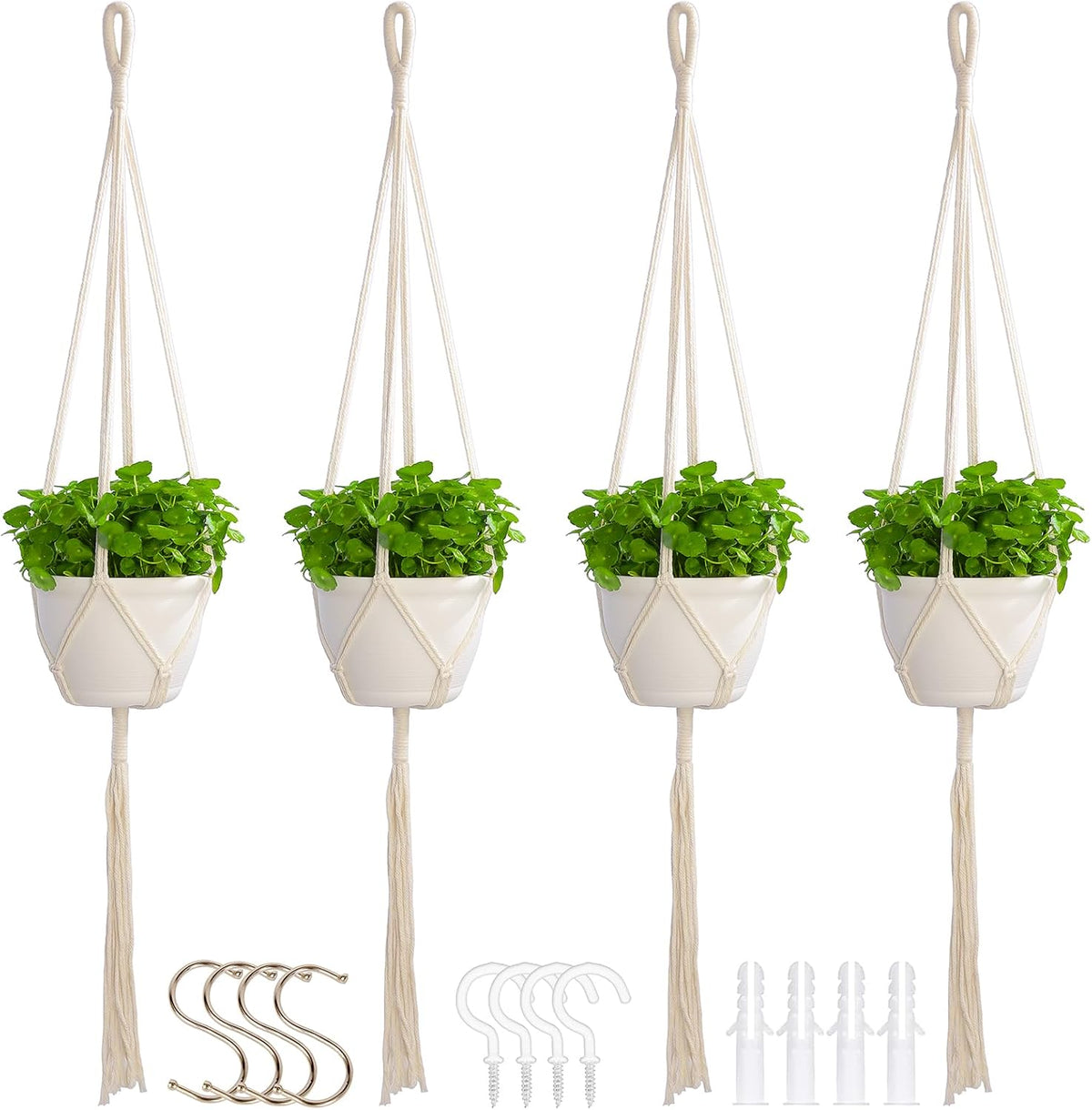 4 Pack Macrame Plant Hangers Indoor Set Large Crochet Hanging Holder, White
