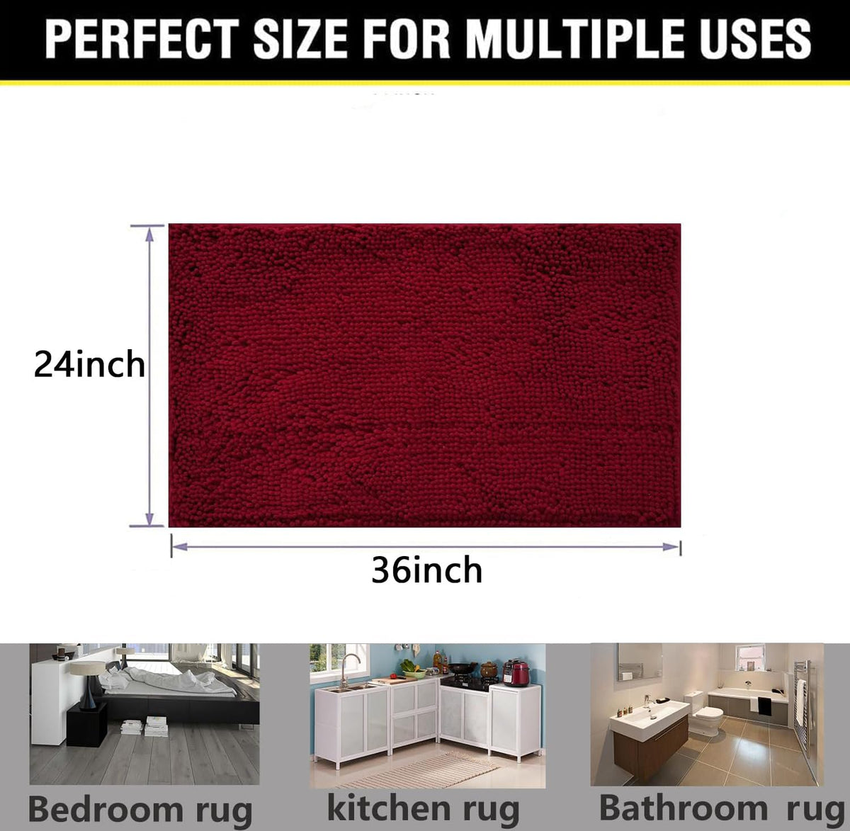 BOANKODU Bathroom Rugs 36x24, Extra Soft Absorbent Chenille Bath Rugs, PVC Backing Quick Dry, Machine Washable Bath Mats for Bathroom Floor, Tub and Shower, Home Decor Accessories,Burgundy