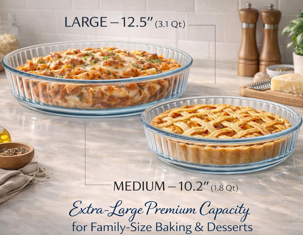 2-Piece Ums Round Glass Baking Dishes for Oven, Round Baking Dish, Glass Casserole Dish, Glass Pie Pan, Borosilicate Glass Cookware, Microwave and Dishwasher Safe Clear Bakeware, 12.5" & 10.2" Sizes