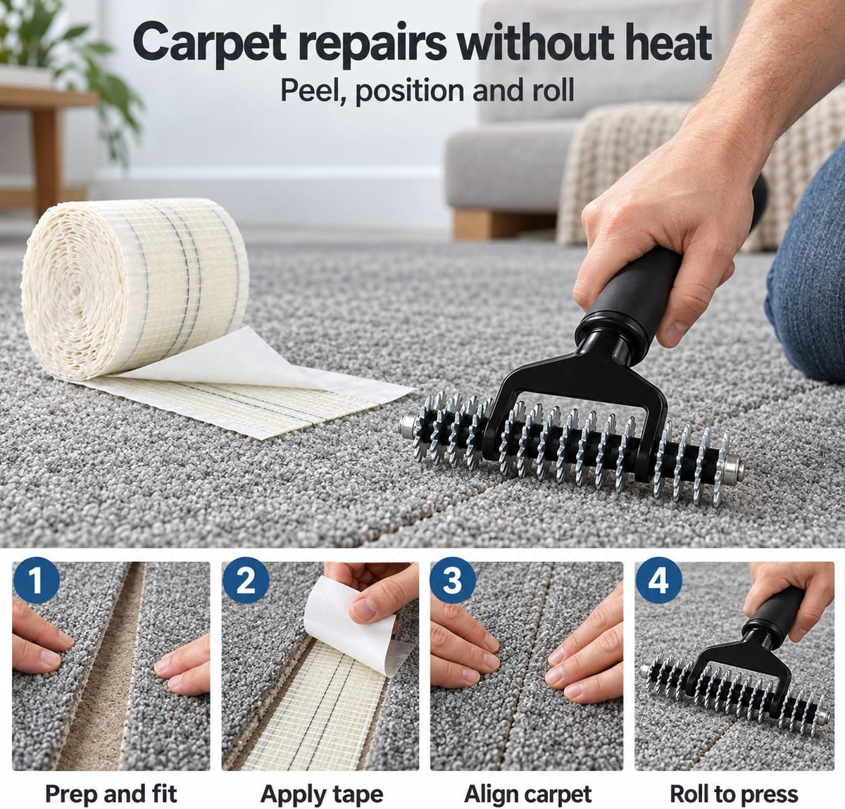Carpet Patch Repair Kit with Star Wheel Seam Roller and 30.2 ft Double-Sided Joining Tape, Heatless DIY Floor Patching Tools for Rugs, Home and Office Use