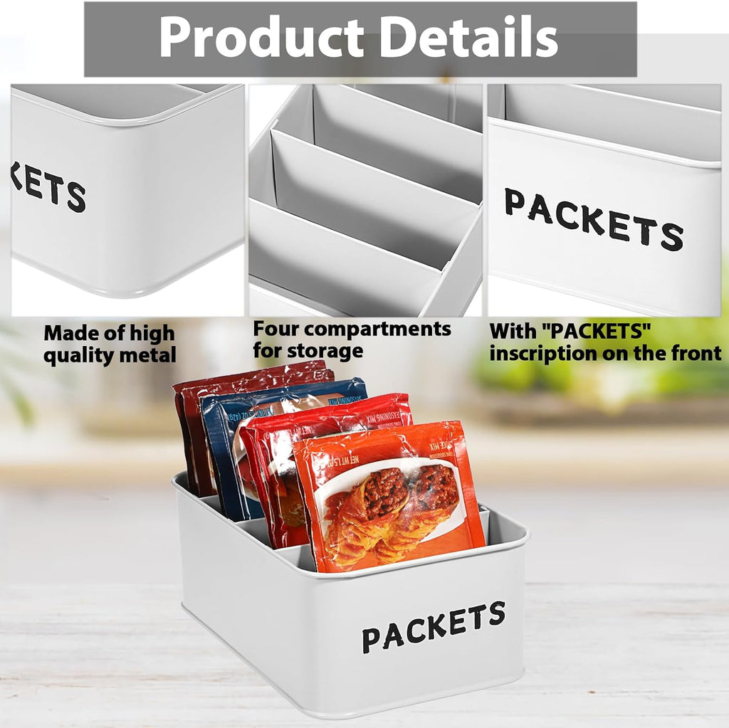 BSTKEY Seasoning Packet Organizer, Food Storage Organizer with Divided 4 Compartments, Metal Storage Caddy for Kitchen Pantry Cabinet, Kitchen Organization Bin for Snacks Spice Packets, White