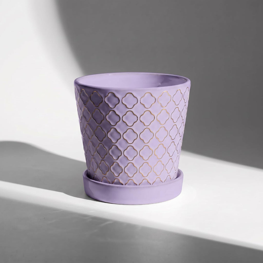Ceramic Plant Pots, 5 Inch Planters with Drainage Holes and Ceramic Tray, Relief Design Flower Planter, Desktop Office Windowsill Decoration Gift Set of 4 - Lavender