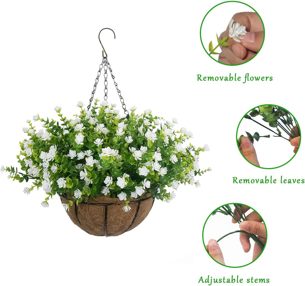 White Artificial Flowers for Hanging Baskets Outdoor, Faux Plant Decor
