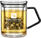 Pure And Easy Tea, Glass Tea Infuser Mug with Lid - Plastic-Free Borosilicate Steeping Cup for Loose Leaf Tea and Tisanes, 400 mL/13.5 oz