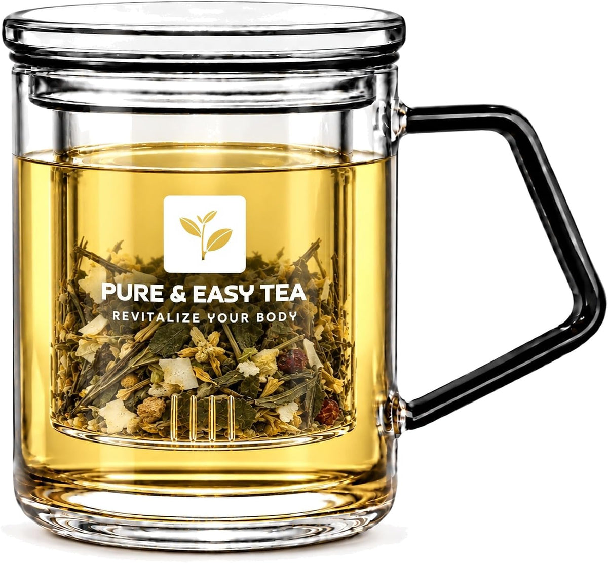 Pure And Easy Tea, Glass Tea Infuser Mug with Lid - Plastic-Free Borosilicate Steeping Cup for Loose Leaf Tea and Tisanes, 400 mL/13.5 oz