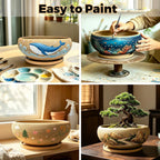 MUZHI 8 inch Round Unglazed Ceramic Bonsai Pot with Bamboo Tray, Shallow Plain Pottery Succulent Planter with Drainage Hole (8”)