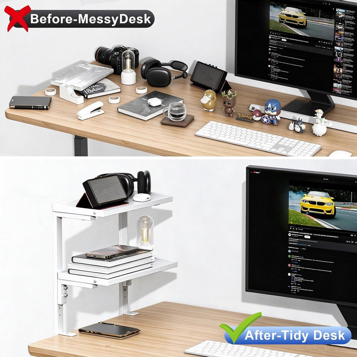 2 Tier Clamp on Desk Shelf (White)