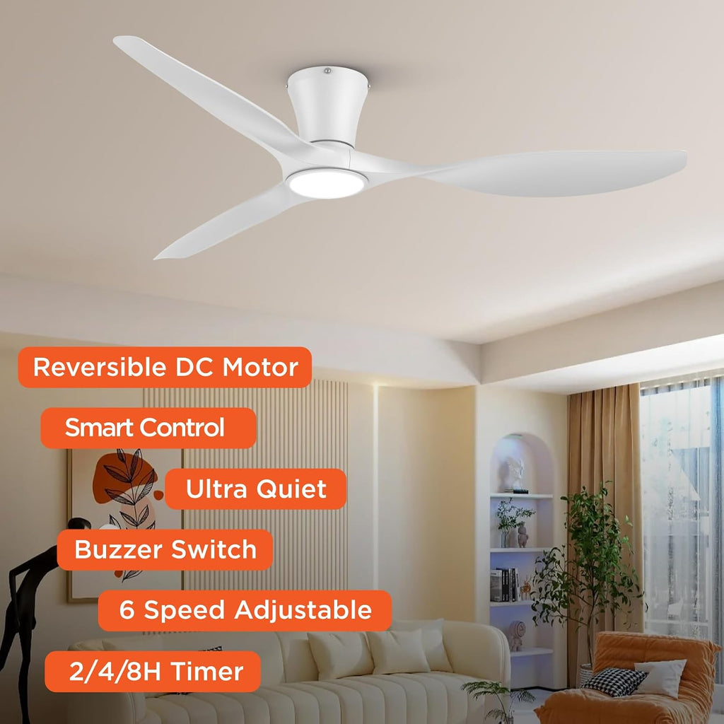 TALOYA 52 inch Smart Ceiling Fan,Low Profile Ceiling Fan with Light and Remote/App Control,Flush Mount, Quiet Reversible Motor for Living Room Bedroom Patio White