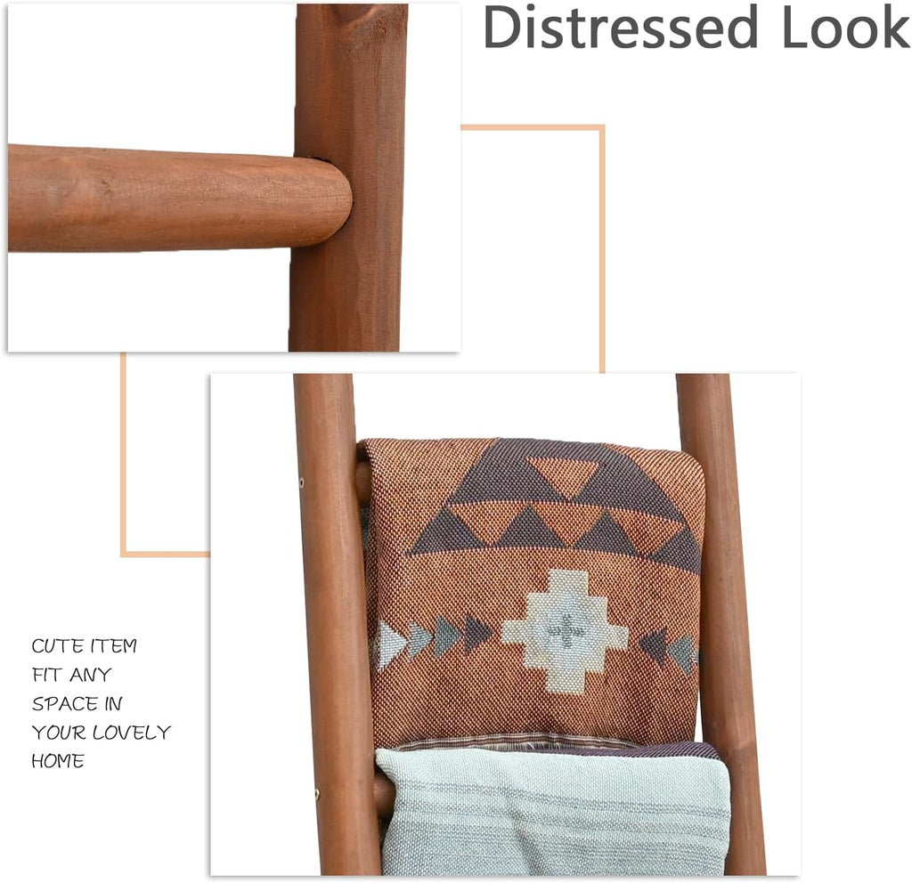FUIN Blanket Ladder, 57in Rustic Solid Wood Decorative Ladder, Dark Brown