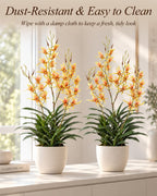 29.5" Artificial Dendrobium Orchid with Black Pot, Orange-Yellow Faux Orchid, Artificial Flowers for Sunroom, Office & Warm Home Accent Decor, Set of 1