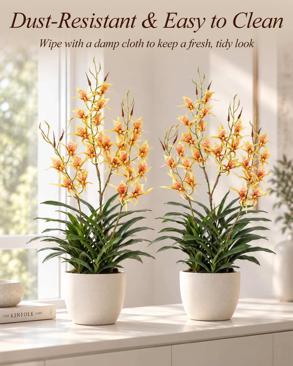 29.5" Artificial Dendrobium Orchid with Black Pot, Orange-Yellow Faux Orchid, Artificial Flowers for Sunroom, Office & Warm Home Accent Decor, Set of 1