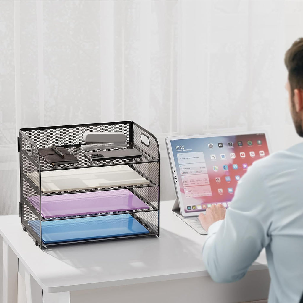 Marbrasse 4 Tier Paper Organizer Letter Tray - Mesh Desk File Organizer with Handle, Paper Sorter Organizer for Letter/A4 Office File Folder Holder (Black, 12.6" x 9.1" x 9.1")