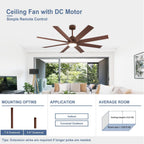 Farmhouse Ceiling Fan with Remote: Large Ceiling Fans 8 Blades 5-Speed Reversible DC Motor -60 Inch Ceiling Fans with Light for Big Indoor Outdoor Covered Patio