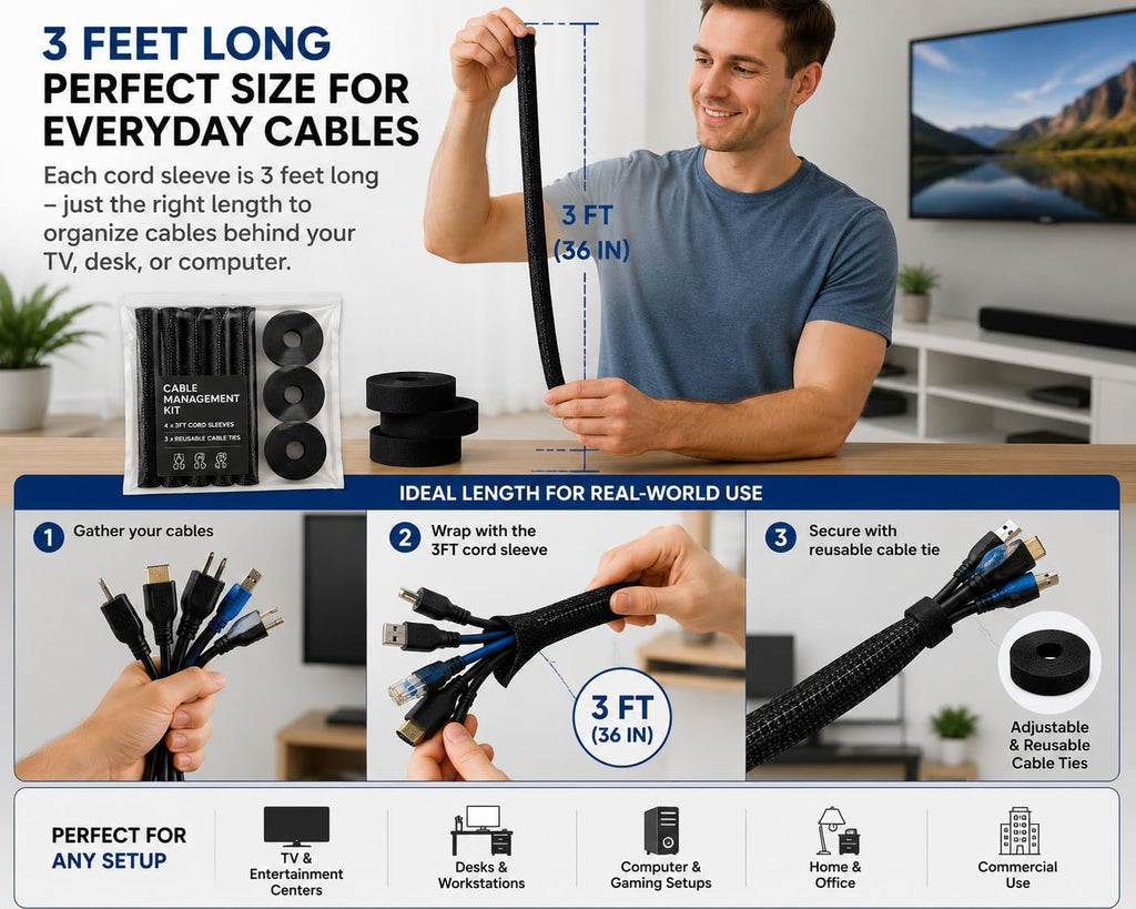 Cable Management Kit – 4 Pack 3FT Cord Sleeves + 3 Roll Reusable Cable Ties, Wire Organizer Wrap for TV, Desk, Computer, Home & Office, Black