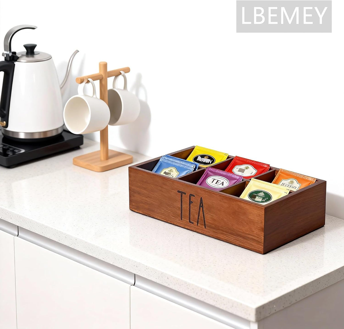 LBEMEY Tea Bag Organizer, Wood Tea Storage Containers with 6 Compartments, Sugar Packet Holder,Tea Bag Caddy Box for Cabinet Countertop Office (Brown- Labeled "TEA")