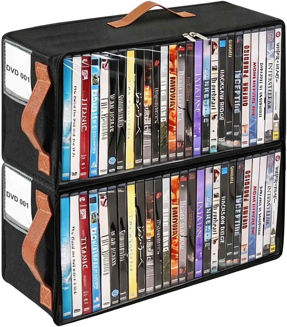 4 Pack DVD Storage Box, Stackable Oxford Fabric DVD Cases Holder with Front Zippered Clear Window and Handles, 15.7 x 7.9 x 6.1 In, Foldable DVD Organizer Rack, Holds Up to 100 DVDs (25 Each)