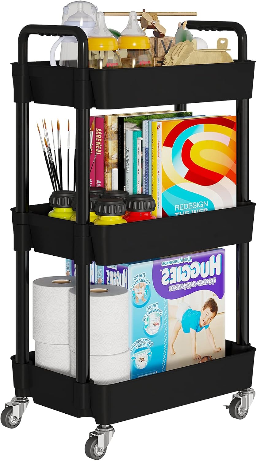 3 Tier Rolling Cart with Wheels, Utility Storage Carts,Black
